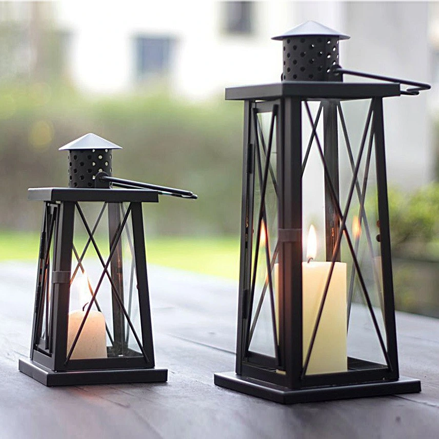 Retro Iron Black Candle Lantern Outdoor Garden Hanging Windproof Lantern