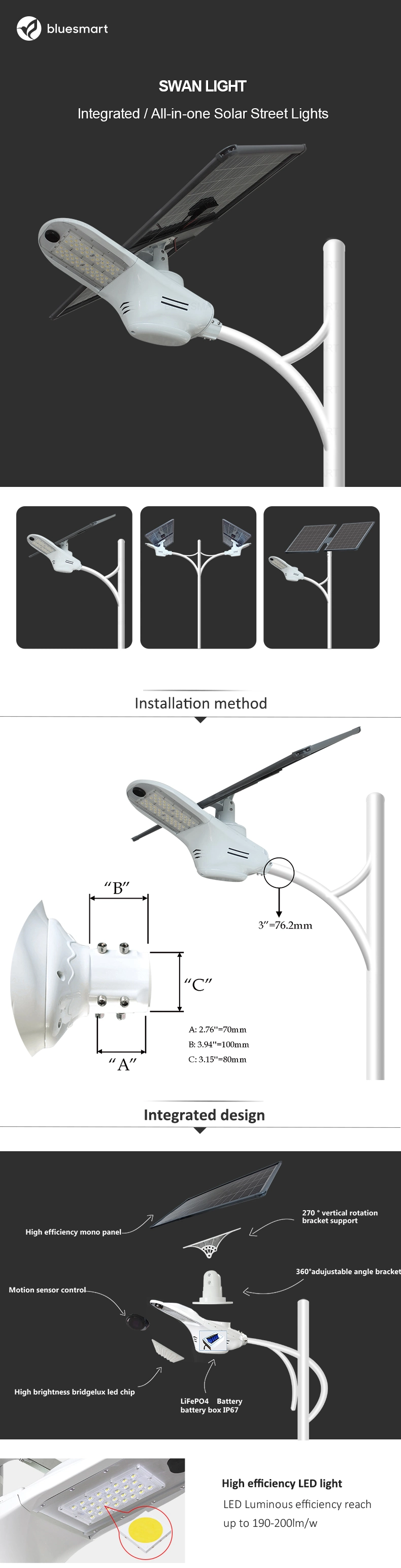 20W 30W 40W 60W 80W 100W OEM Integrated All-in-One Solar LED Street Garden Light High Quality Bridgelux Waterproof IP65 for Outdoor Road Parking